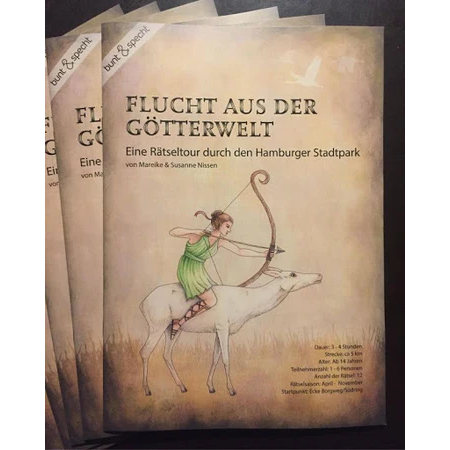Flucht aus der Götterwelt bunt & specht Brettspielcover Rätselbuch Stadtpark Hamburg